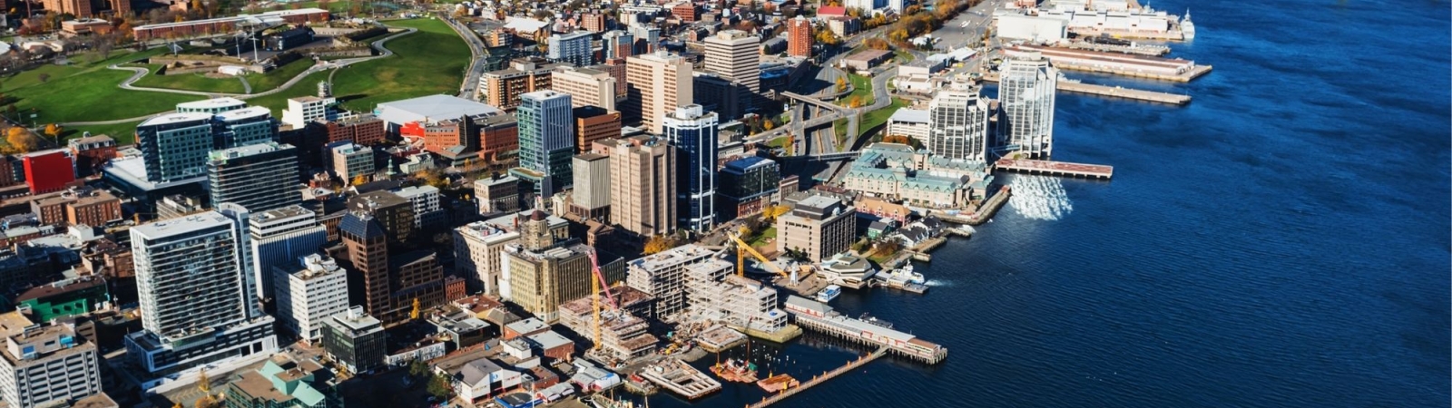 Ariel view of Halifax side and the Halifax harbour and the Macdonald Bridge.