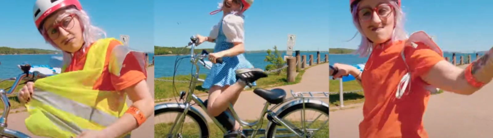 A person wearing a safety vest and helmet on the right while sitting on a bike with a middle screen image a person on a bike with a helmet and on the right a person one a bike with a helmet and orange shirt.