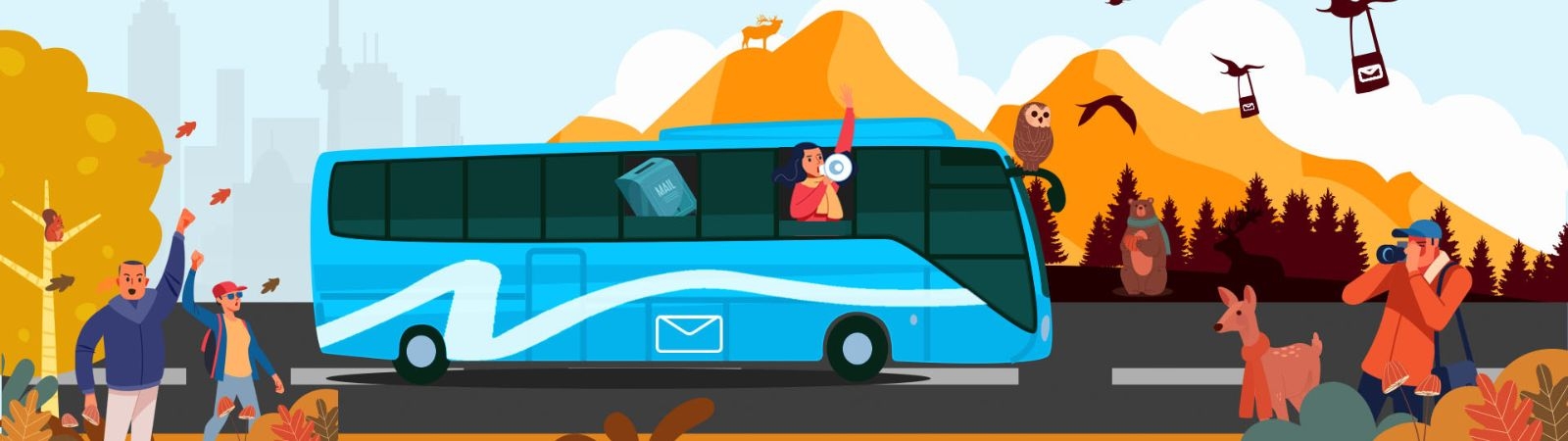 animated graphic of a bus driving through nature. A person on the bus chants out of a megaphone and onlookers raise their hands in solidarity
