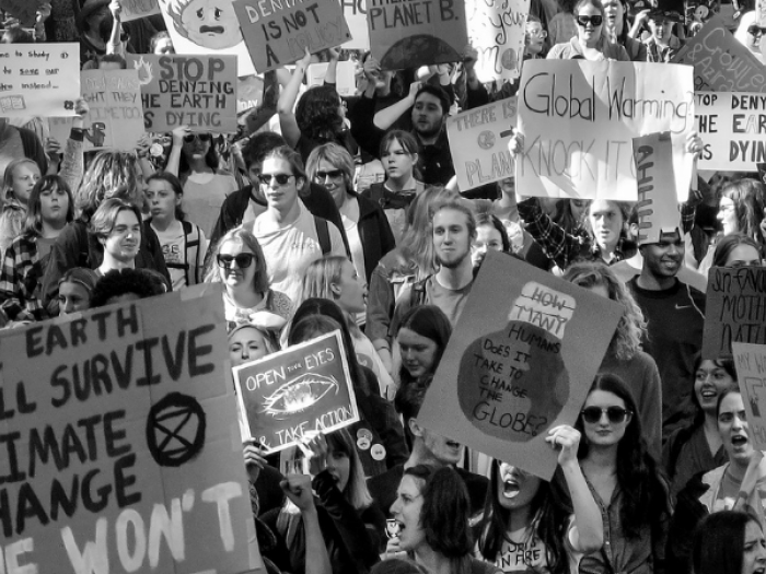 black and white image of thousands of people marching in the 2019 climate strike in Halifax