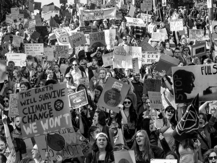 black and white image of a crowd of protestors filling the full width of a street, many holding signs about climate change